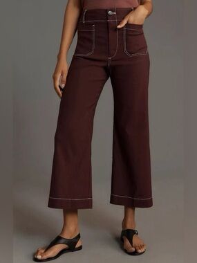 Maeve The Colette Crop Wide-Leg Linen Blend Pants In Burgundy Contrast Stitch 25